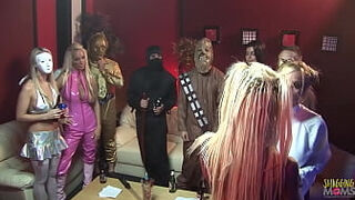 This costume party is all about group sex as a couple of milfs are getting their pussies filled