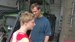 Ugly chubby blonde garage boss fuck her employee&comma; eating his cum