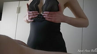 Milf in sexy lingerie with incredible boobs & perfect body gives sensual handjob to a big lubed cock