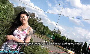 Inked asian MILF is ready to suck a public agent's cock outdoors for money