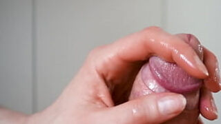 Sensual massage expert handjob from milf on a big fat hard cock&comma; ruined orgasm