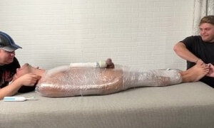 Matt and Ryder Stimulate Tickles On Mummified Pup Saki