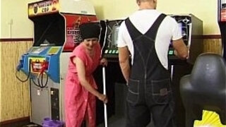 Hairy granny takes young cock on the pool table