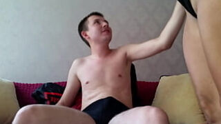 Sex and blowjob on the couch of stepmother Alina Tumanova and stepson