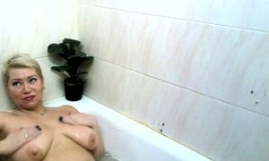 'Big mature passion in a tight Moscow bathroom, shower masturbation, blowjob, cum on tits, closeup!'