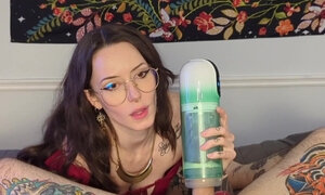 Sexy Brunette MILF In Glasses Pleases Her BF With a Special Sex-toy & Perfect Milking Until He Cums