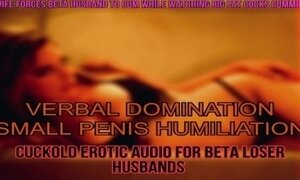 'Hotwife makes her beta husband cum while staring at big cocks'
