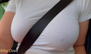 Wifey with perfect braless tits flashing in the car.