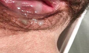 Wife let me look at her pissing gaping pussy, for which she get a huge cum load inside. Close-up.